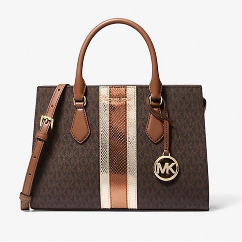 Michael Kors Sheila Medium Signature Logo and Metallic Satchel